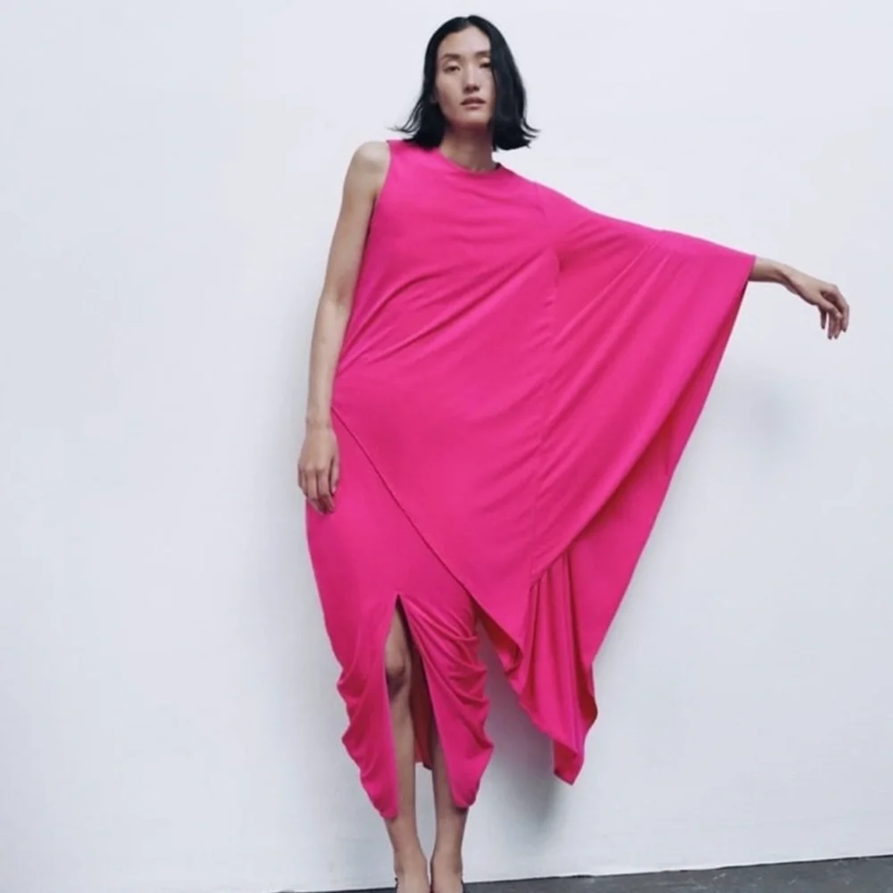 New Zara 2 Piece Fuchsia Pink Asymmetric Top and Draped Midi Skirt Small